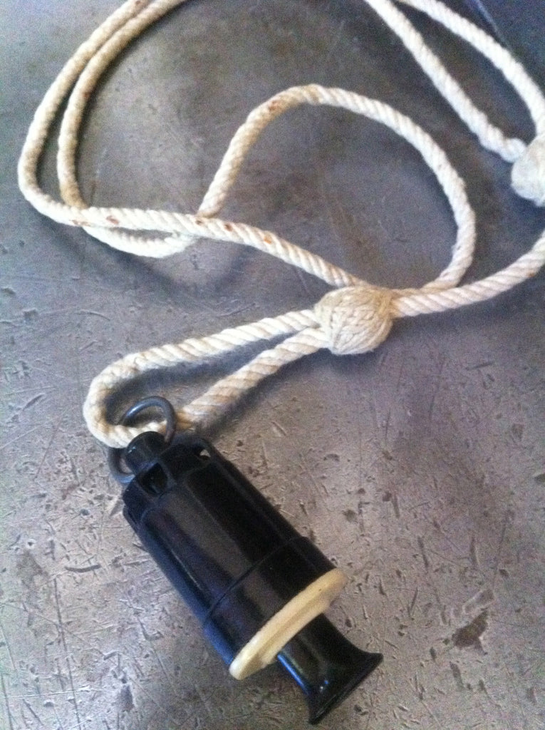 Vintage black plastic G MAN siren whistle on nnatural color military rope lanyard necklace