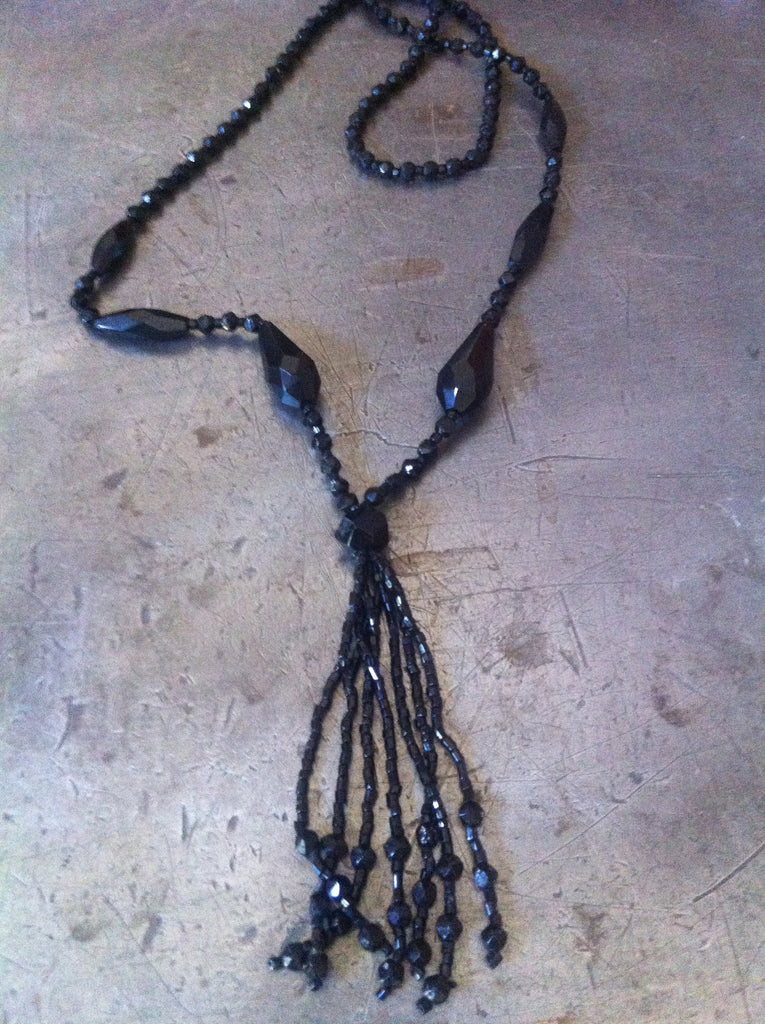 Vintage Jet bead tassel necklace