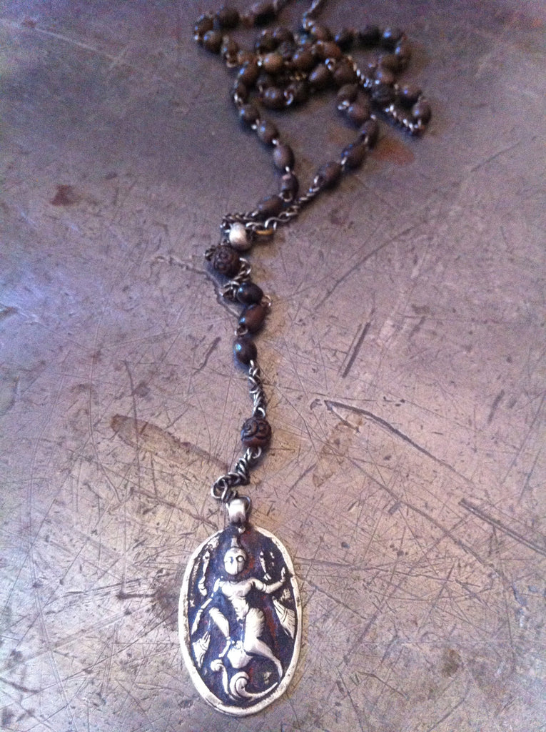 Vintage dark wood & silver pater Rosary bead necklace with silver dancing Shiva pendant