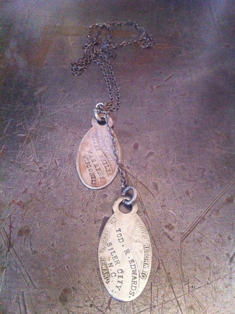2 vintage WW1 silver ID tags sterling military issue necklace