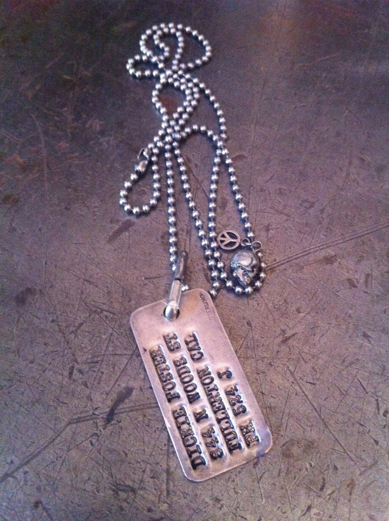 Sterling WW1/WW2 military dog tag neclace with peace & skull charms