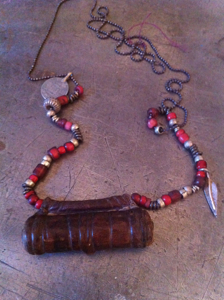 Vintage Coptic leather prayer pouch with vintgae Hudson trading beads, coin & silver feather sterling ball chain necklace